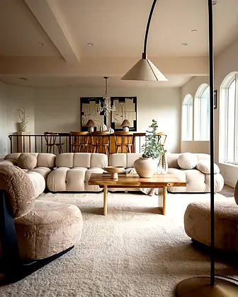 Beverly Hills living room with a cream modular sofa, shearling armchairs and a live-edge coffee table, with the spindle-back dining set on the upper level beyond, staged by Nesting Dolls Design